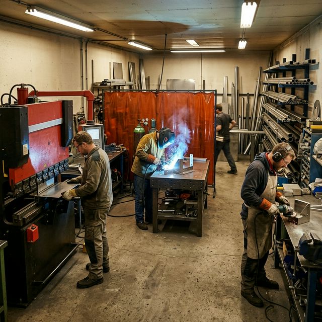 Steel Point UAE compact fabrication workshop with CNC press brake, welding and grinding stations in Sharjah