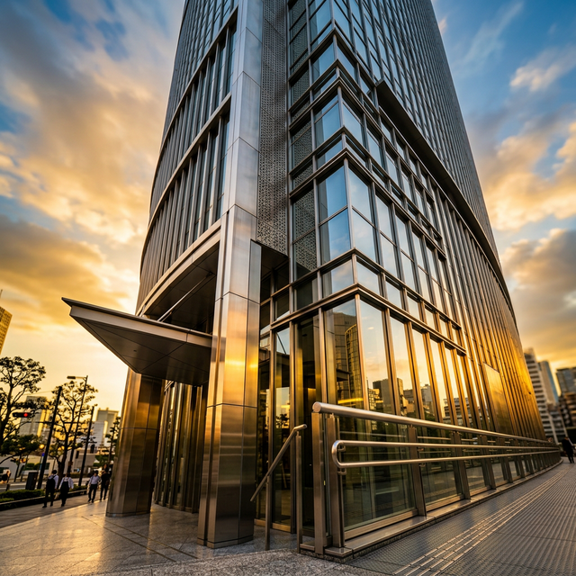 Modern commercial building with polished stainless steel cladding and handrails at golden hour