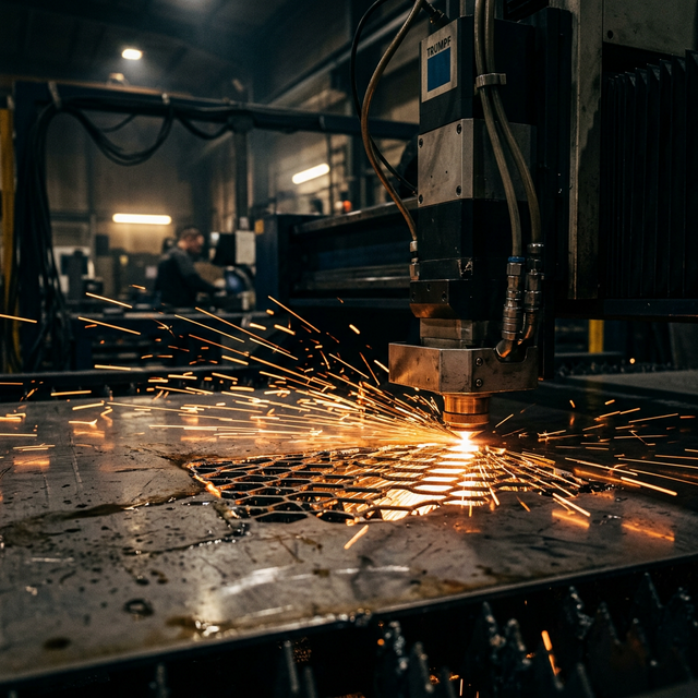 CNC laser cutting stainless steel with dramatic sparks in a precision fabrication workshop