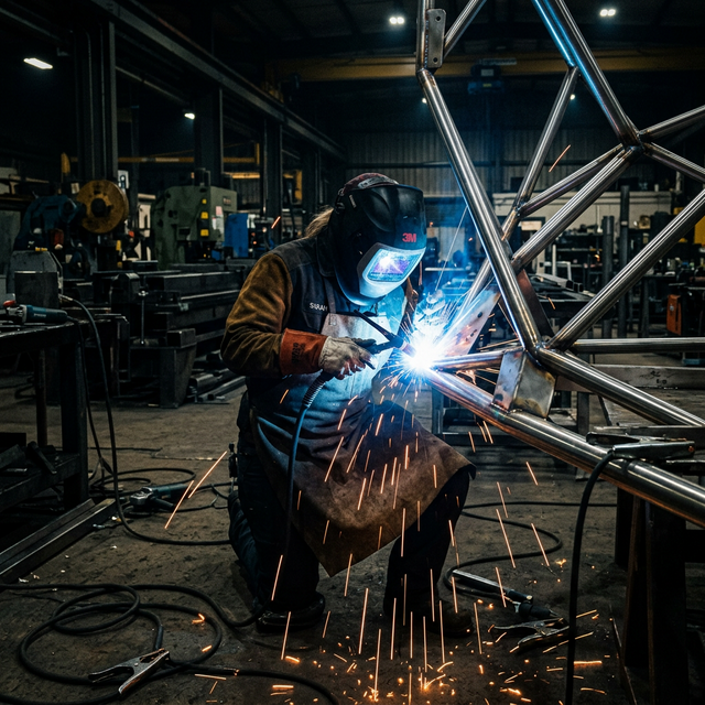 Skilled welder fabricating architectural stainless steel framework with blue welding arc