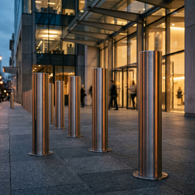 Polished stainless steel security bollards installed at modern commercial building entrance