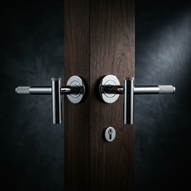 Premium stainless steel door handles with knurled grip detail