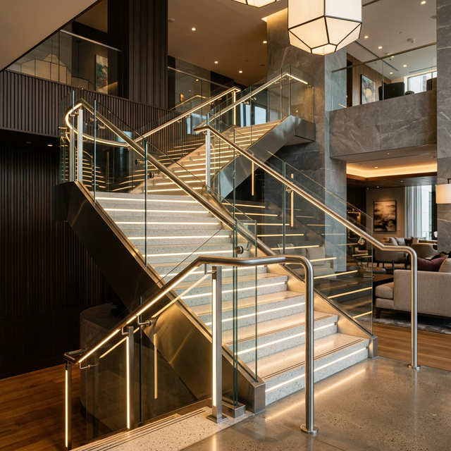 Modern stainless steel and glass handrail system on luxury staircase