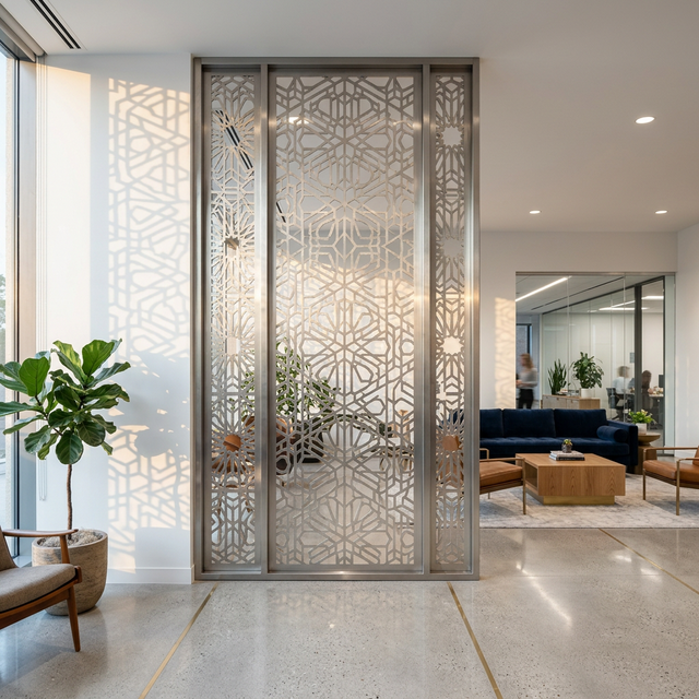 Decorative laser-cut stainless steel partition screen in modern office