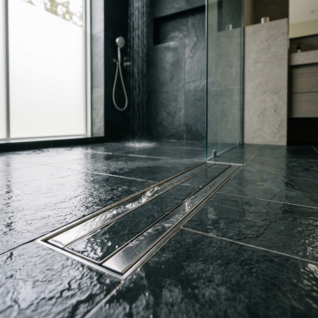 Linear stainless steel shower drain installed in luxury bathroom